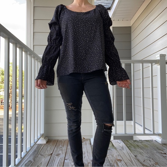 CECE Tiered Sleeve Dot Blouse in Rich Black - Picture 7 of 8